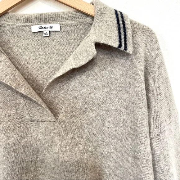 Madewell Tipped Davie Polo Sweater Heather Wheat Cozy Soft Merino Wool Sz. Small