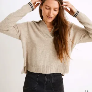 Madewell Tipped Davie Polo Sweater Heather Wheat Cozy Soft Merino Wool Sz. Small