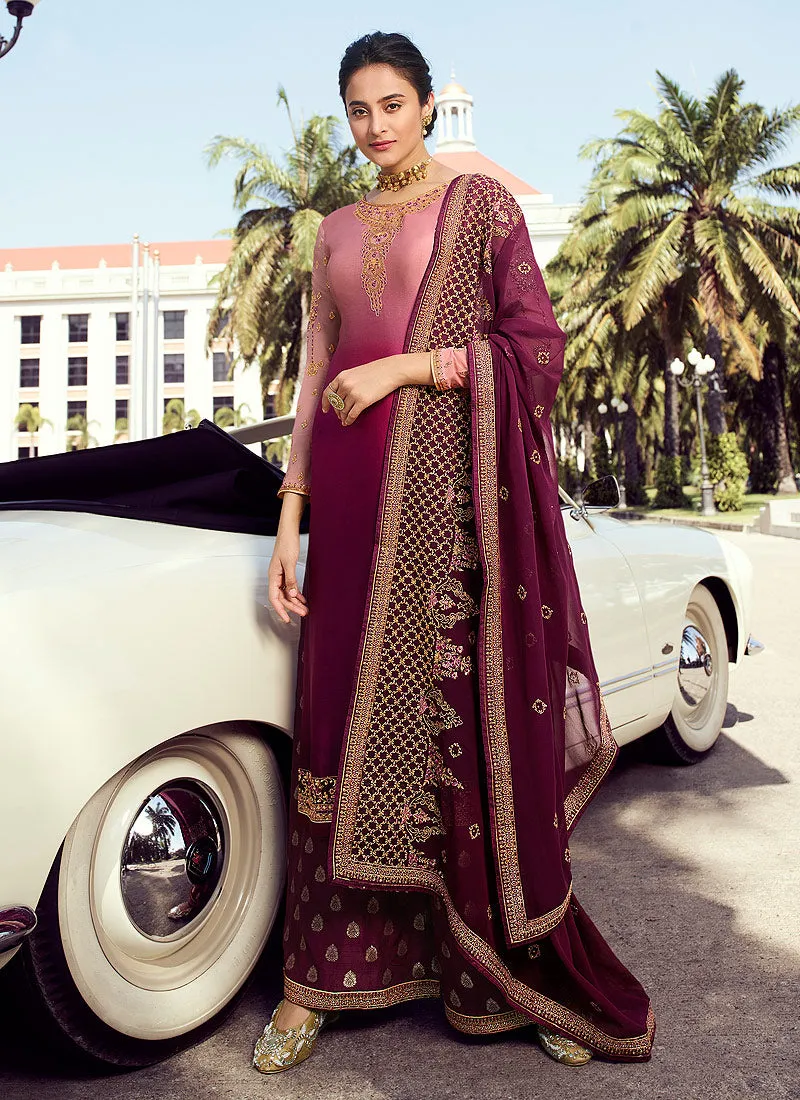 Magenta Shaded Embroidered Palazzo Suit