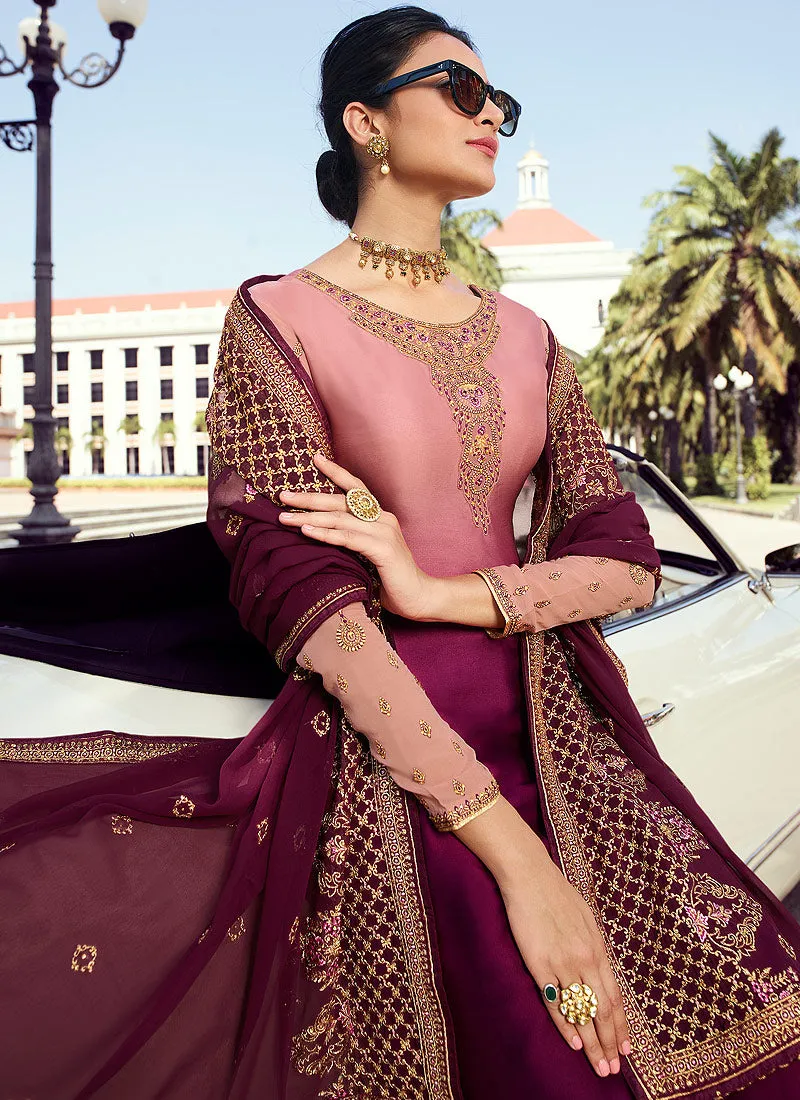Magenta Shaded Embroidered Palazzo Suit