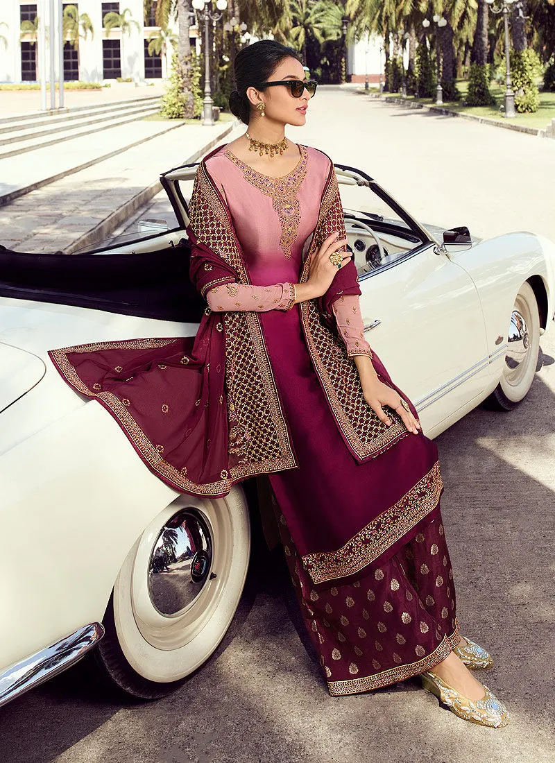 Magenta Shaded Embroidered Palazzo Suit