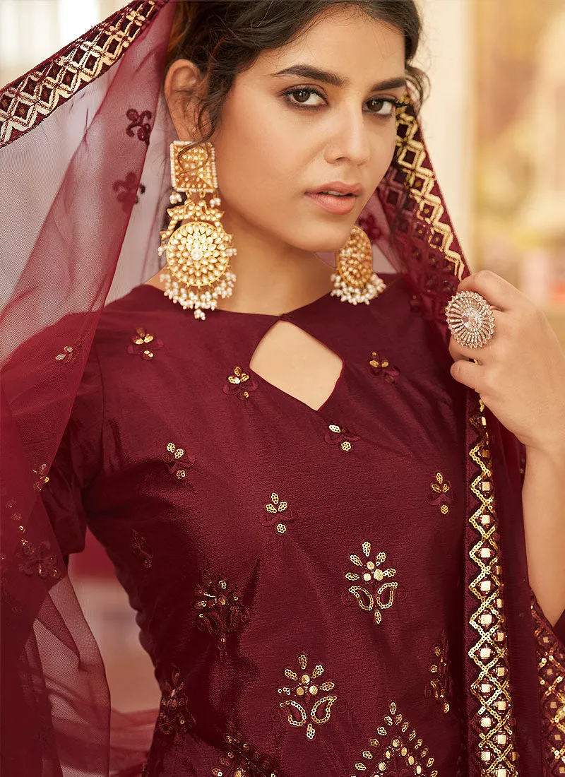 Maroon And Copper Embroidered Lehenga Kurti