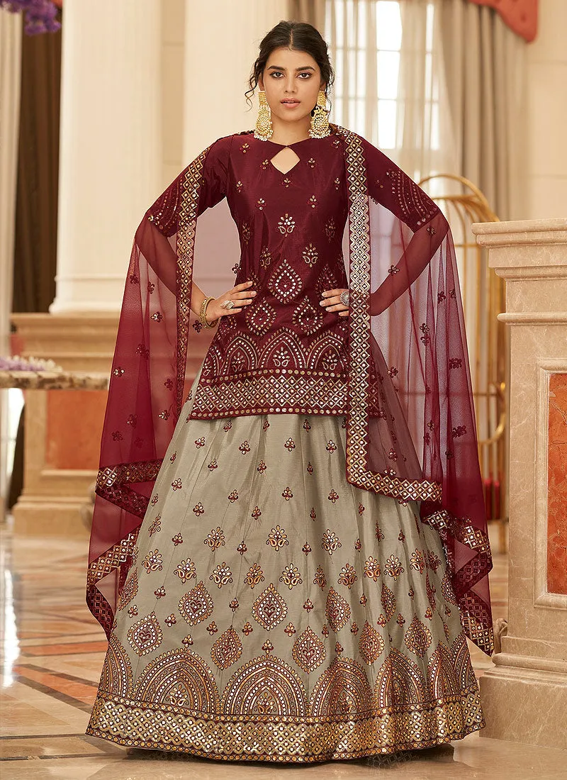 Maroon And Copper Embroidered Lehenga Kurti