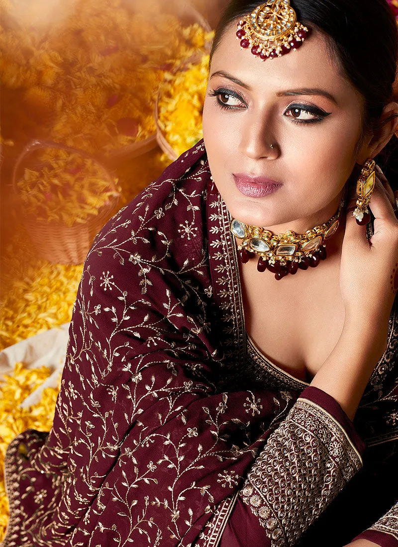 Maroon Zari Embroidered Georgette Palazzo Suit