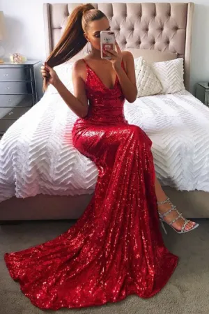 Mermaid Spaghetti Straps Sweep Train Red Sequined Prom Dress with Split OHC018