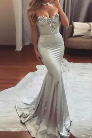 Mermaid Sweetheart Sweep Train Grey Satin Prom Dress with Beading L024