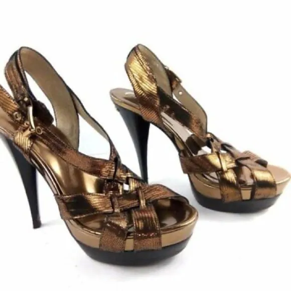 Michael Kors Niki Crossstrap Stiletto Heels – Antique Brass Gold, Size 6.5