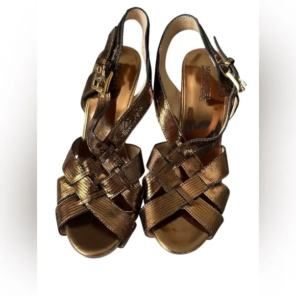Michael Kors Niki Crossstrap Stiletto Heels – Antique Brass Gold, Size 6.5