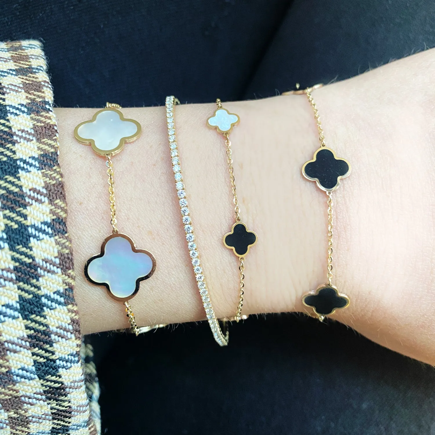Mini Mother of Pearl and Onyx Mixed Clover Bracelet