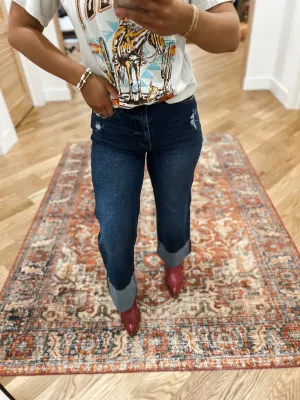 Miu Cuff Up Wide Leg Dark Jeans