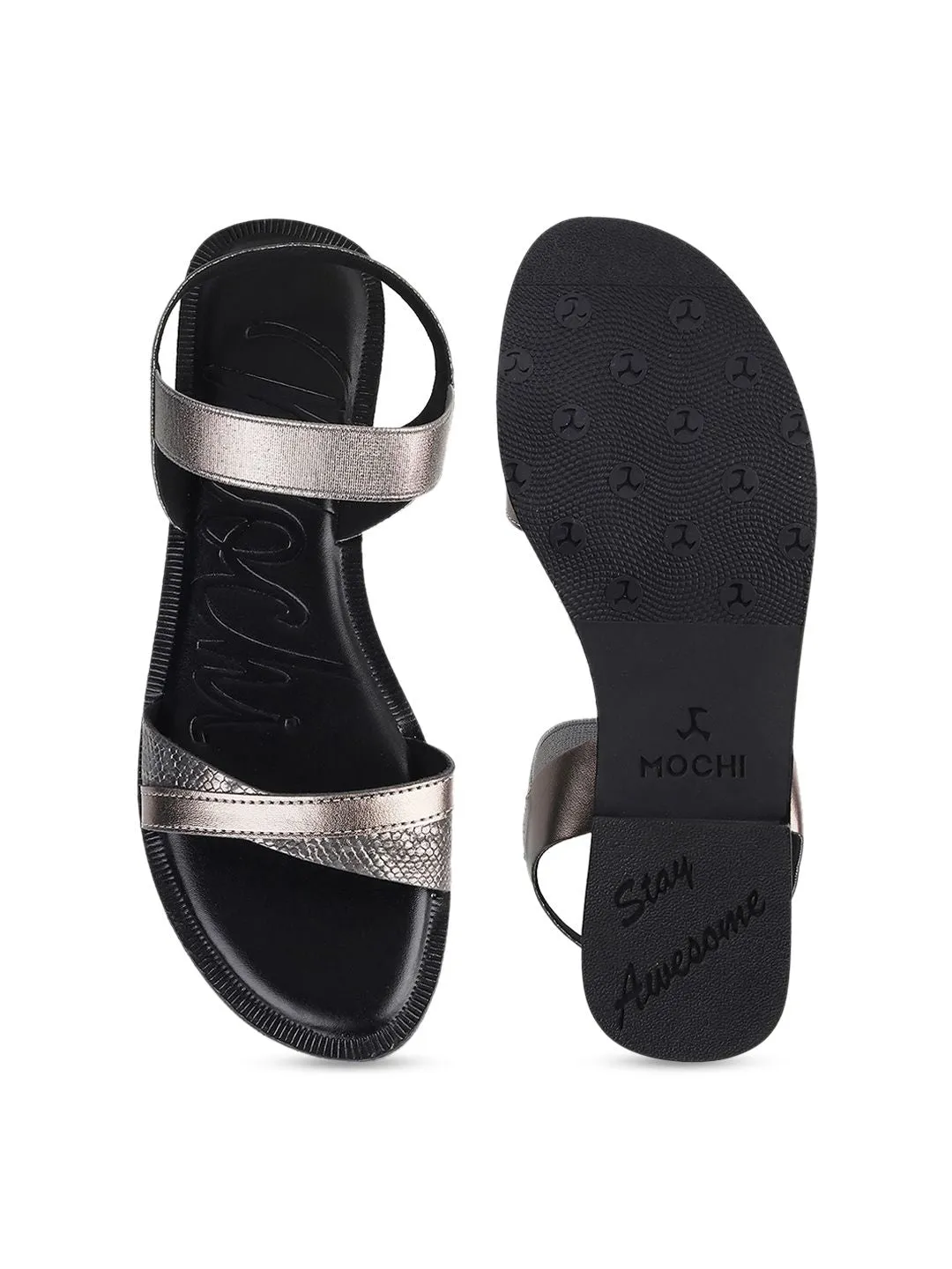Mochi Women Grey Colourblocked Open Toe Flats