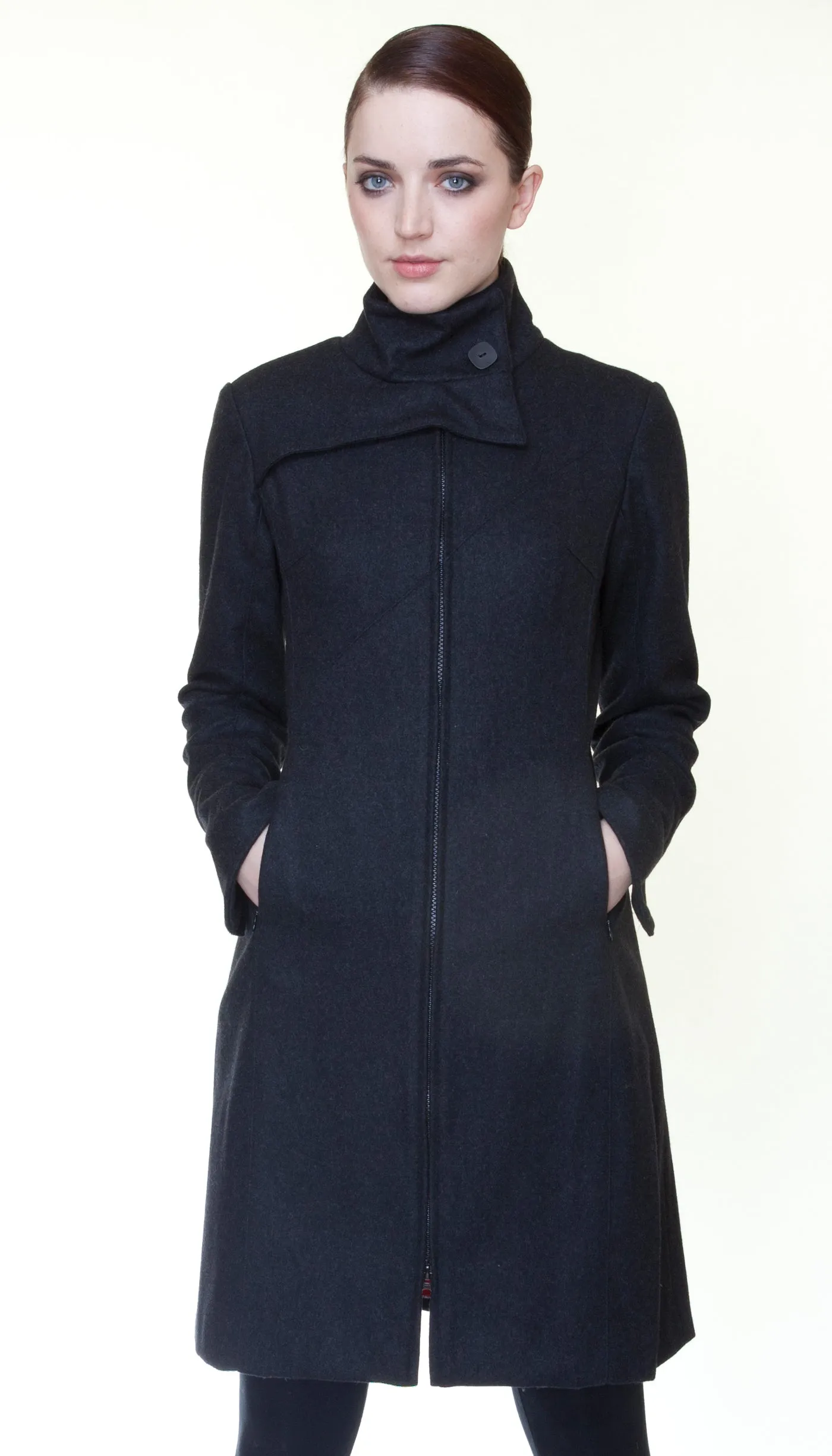 Mock Zip Wool Coat / Charcoal