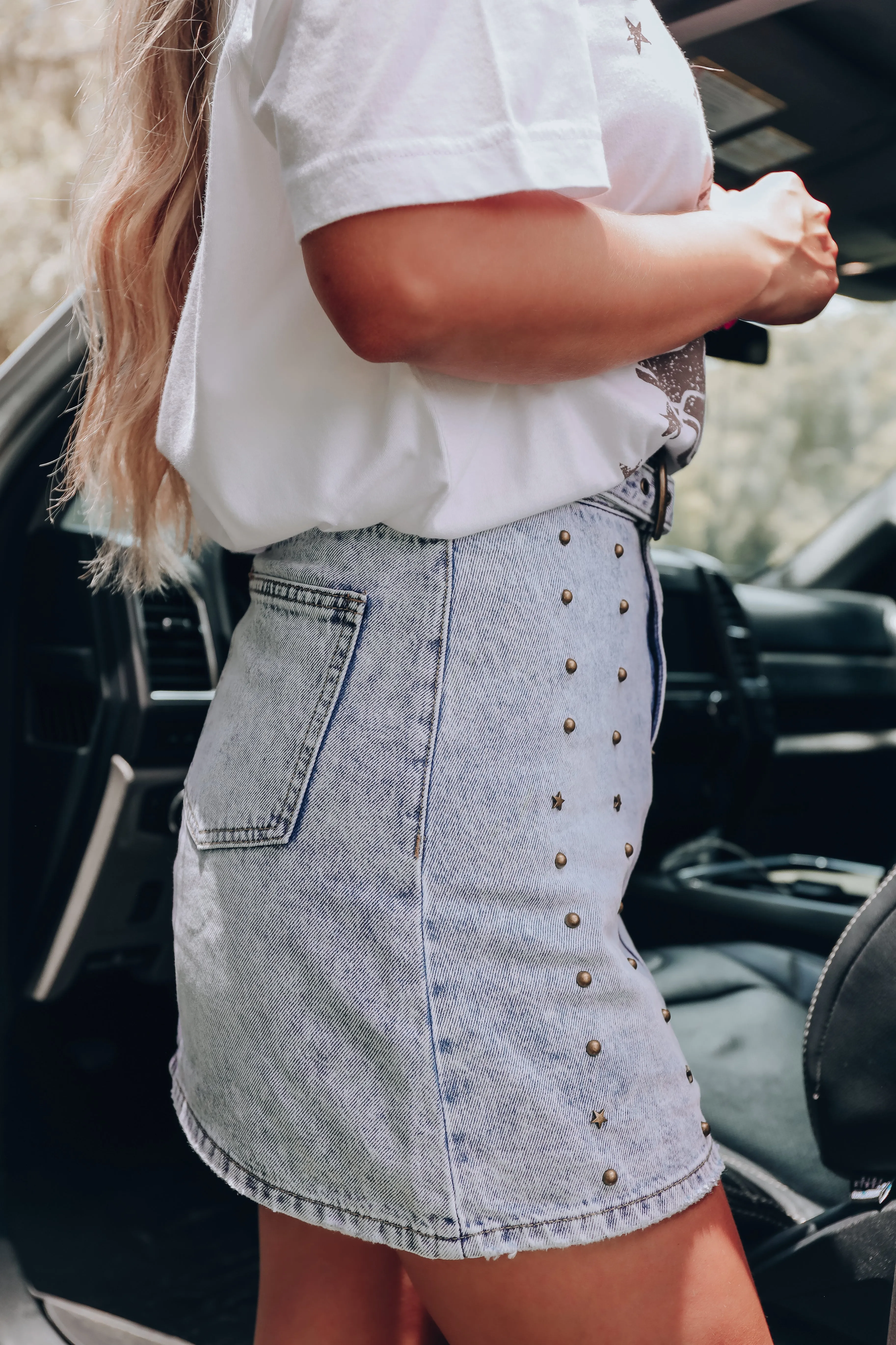 Morgan Studded Denim Mini Skirt - Light