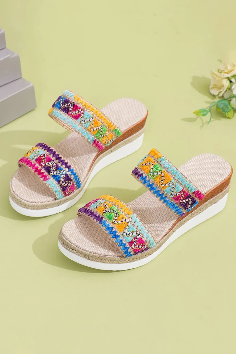 Multicolour Crochet Dual Band Wedge Slippers