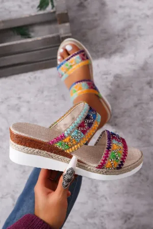 Multicolour Crochet Dual Band Wedge Slippers