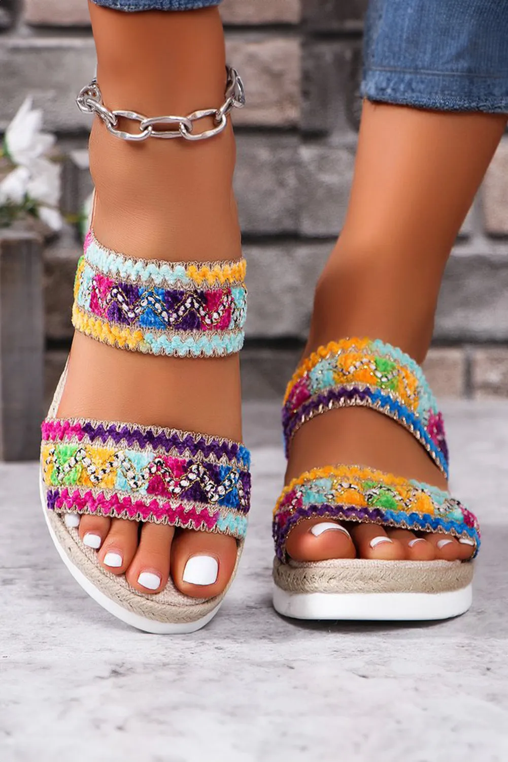 Multicolour Crochet Dual Band Wedge Slippers