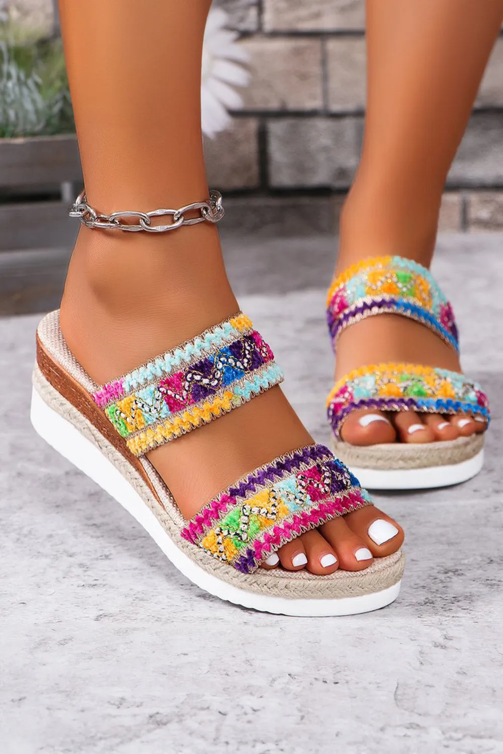 Multicolour Crochet Dual Band Wedge Slippers