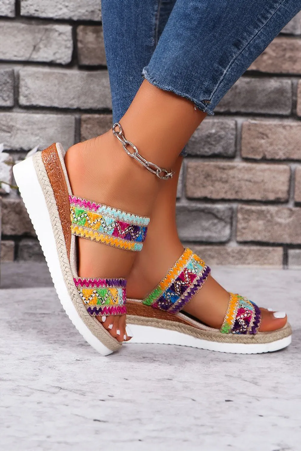Multicolour Crochet Dual Band Wedge Slippers