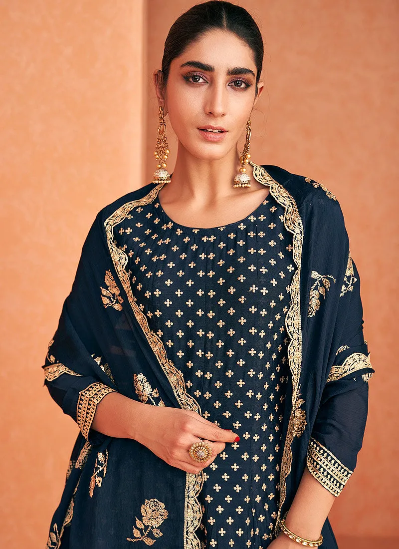 Navy Blue Embroidered Designer Sharara Suit