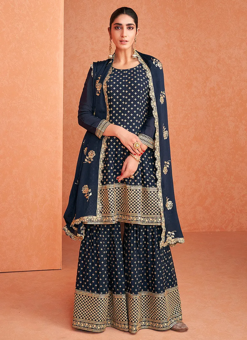 Navy Blue Embroidered Designer Sharara Suit