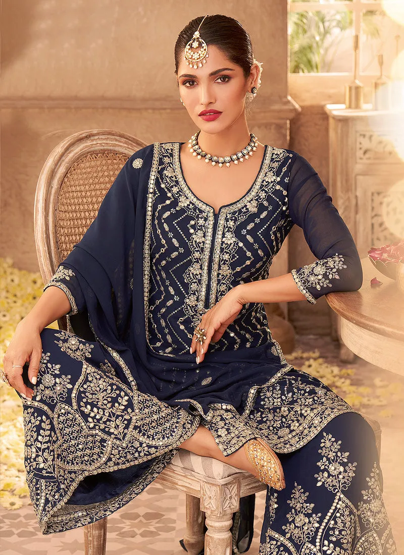 Navy Blue Zari Embroidered Festive Palazzo Style Suit