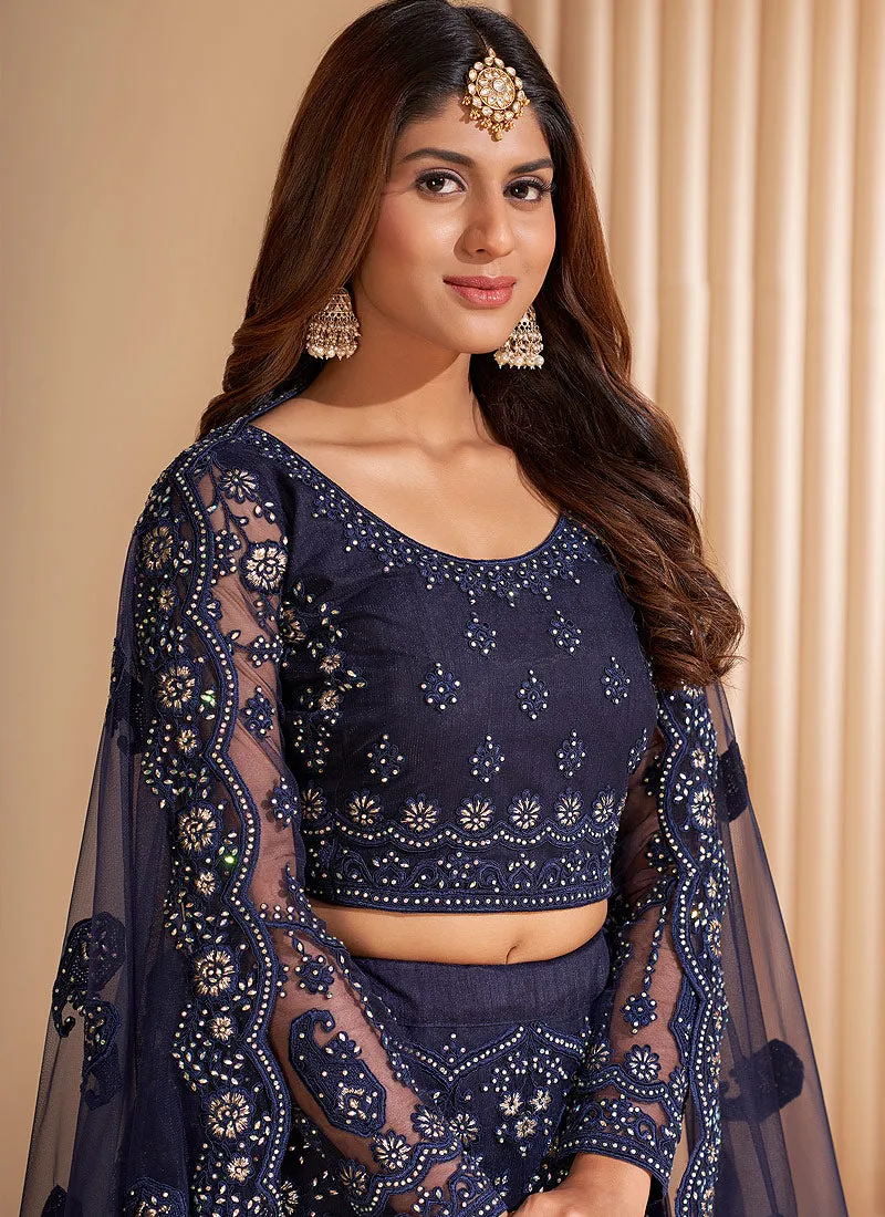 Navy Blue Zari Embroidered Wedding Lehenga Choli