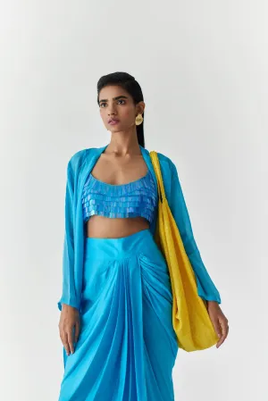 New Season Summer to Fall 2024-Co-ord Macaw Sequin Blouse Knot Skirt Vegan Silk Blue-Studio Rigu-Fashion Edit Amazonico