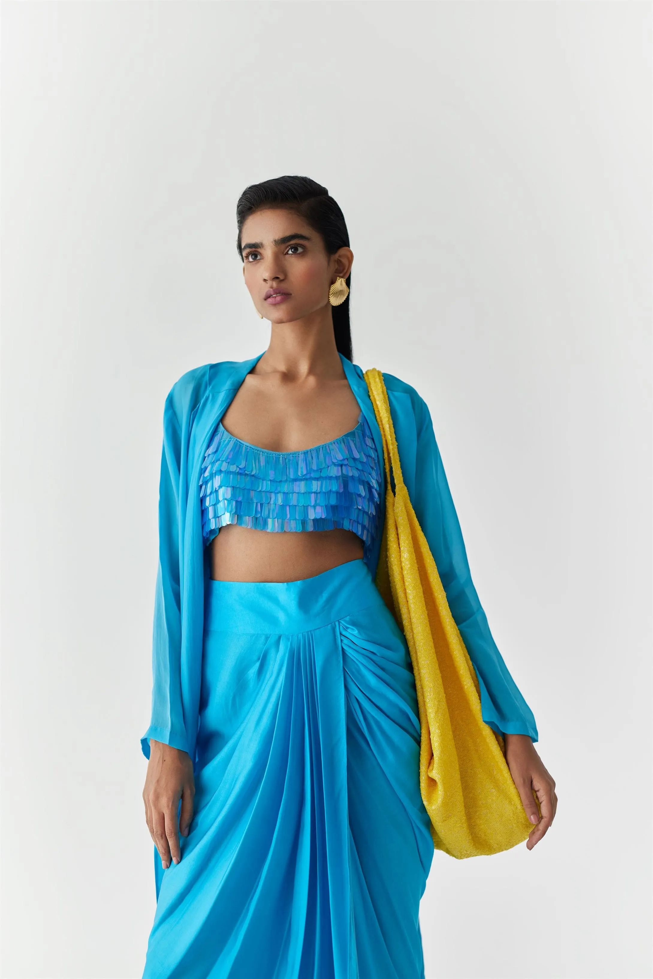 New Season Summer to Fall 2024-Co-ord Macaw Sequin Blouse Knot Skirt Vegan Silk Blue-Studio Rigu-Fashion Edit Amazonico