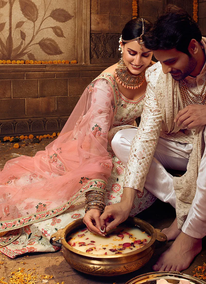 Off White And Peach Wedding Lehenga Choli