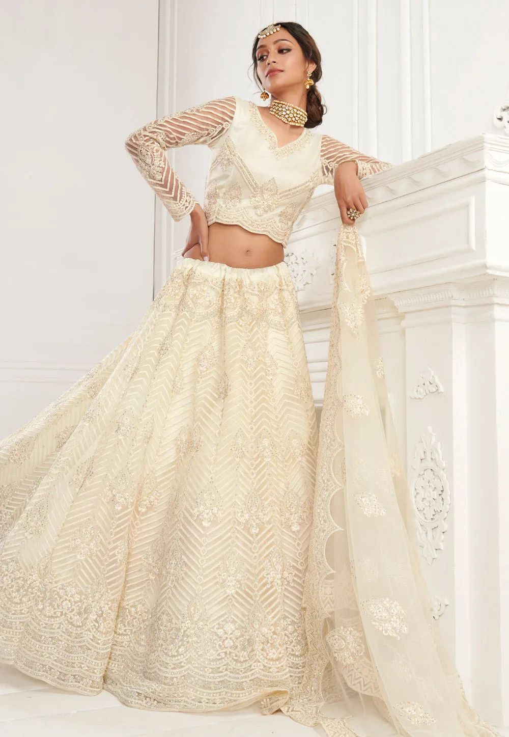 Off White Designer Wedding Lehenga Choli