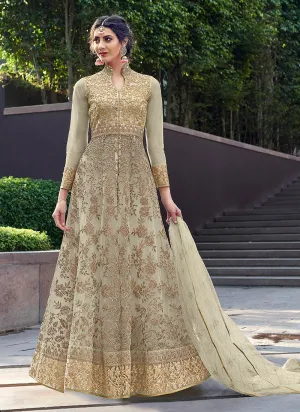 Off White Golden Zari Embellished Designer Anarkali Gown