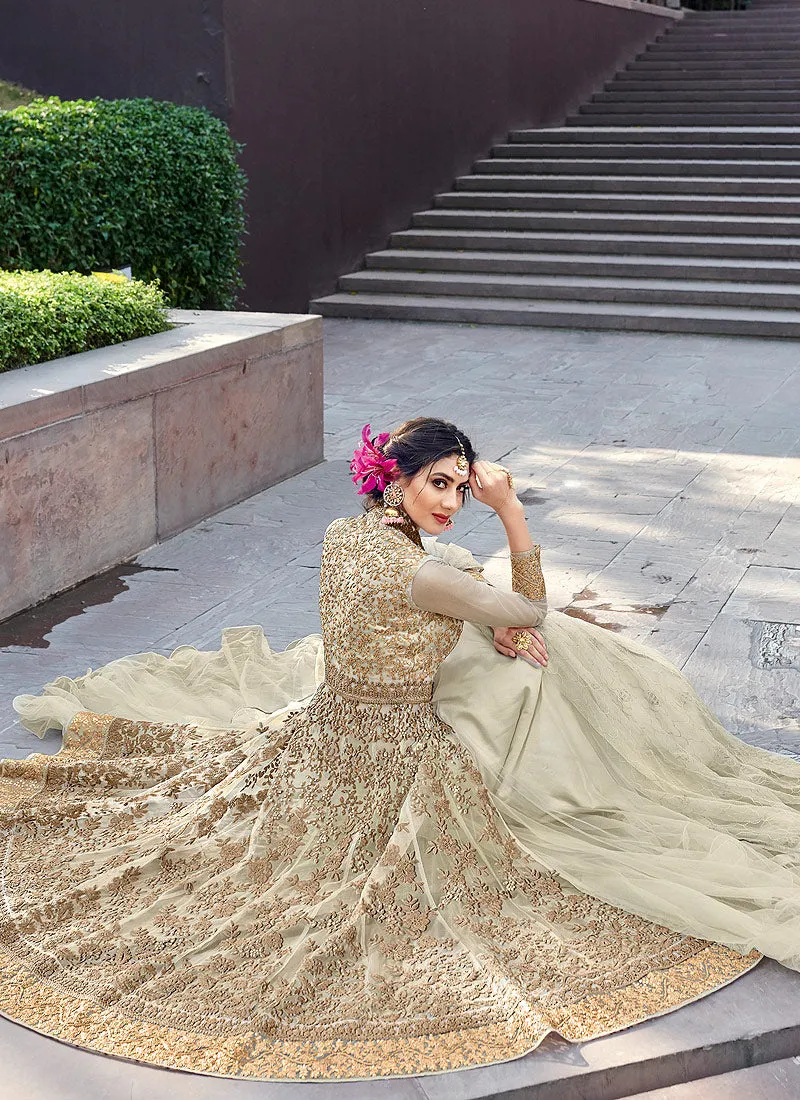 Off White Golden Zari Embellished Designer Anarkali Gown