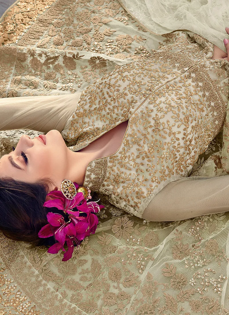 Off White Golden Zari Embellished Designer Anarkali Gown