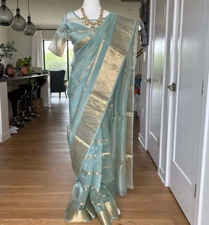 Pastel Blue Gorgeous Elegant Banarasi Kora Silk Saree