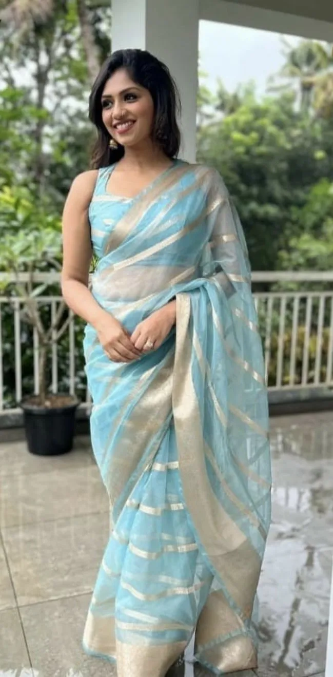 Pastel Blue Gorgeous Elegant Banarasi Kora Silk Saree
