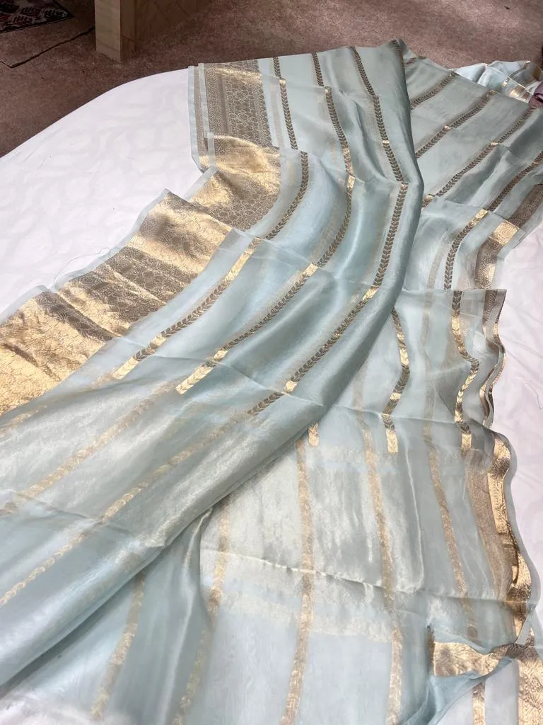 Pastel Blue Gorgeous Elegant Banarasi Kora Silk Saree