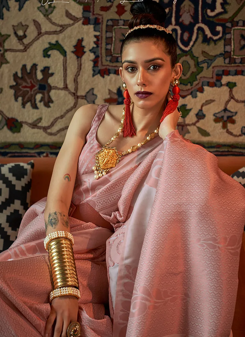 Peach Zari Weaved Jacquard Silk Saree