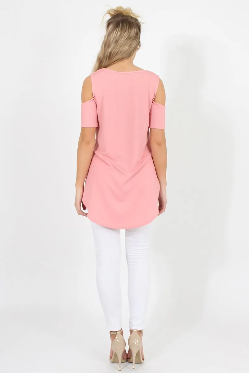 Pink Cold Shoulder Dipped Hem Top - Kay