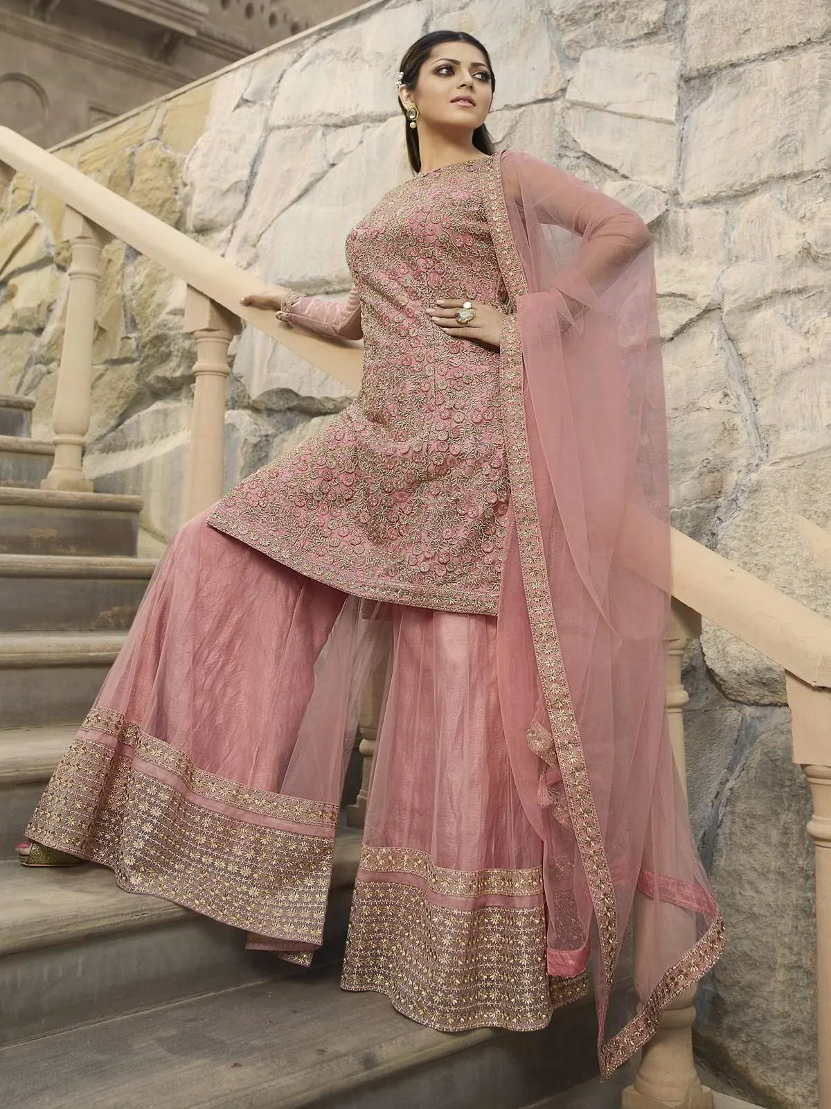 Pink Golden Embroidered Pakistani Gharara Suit