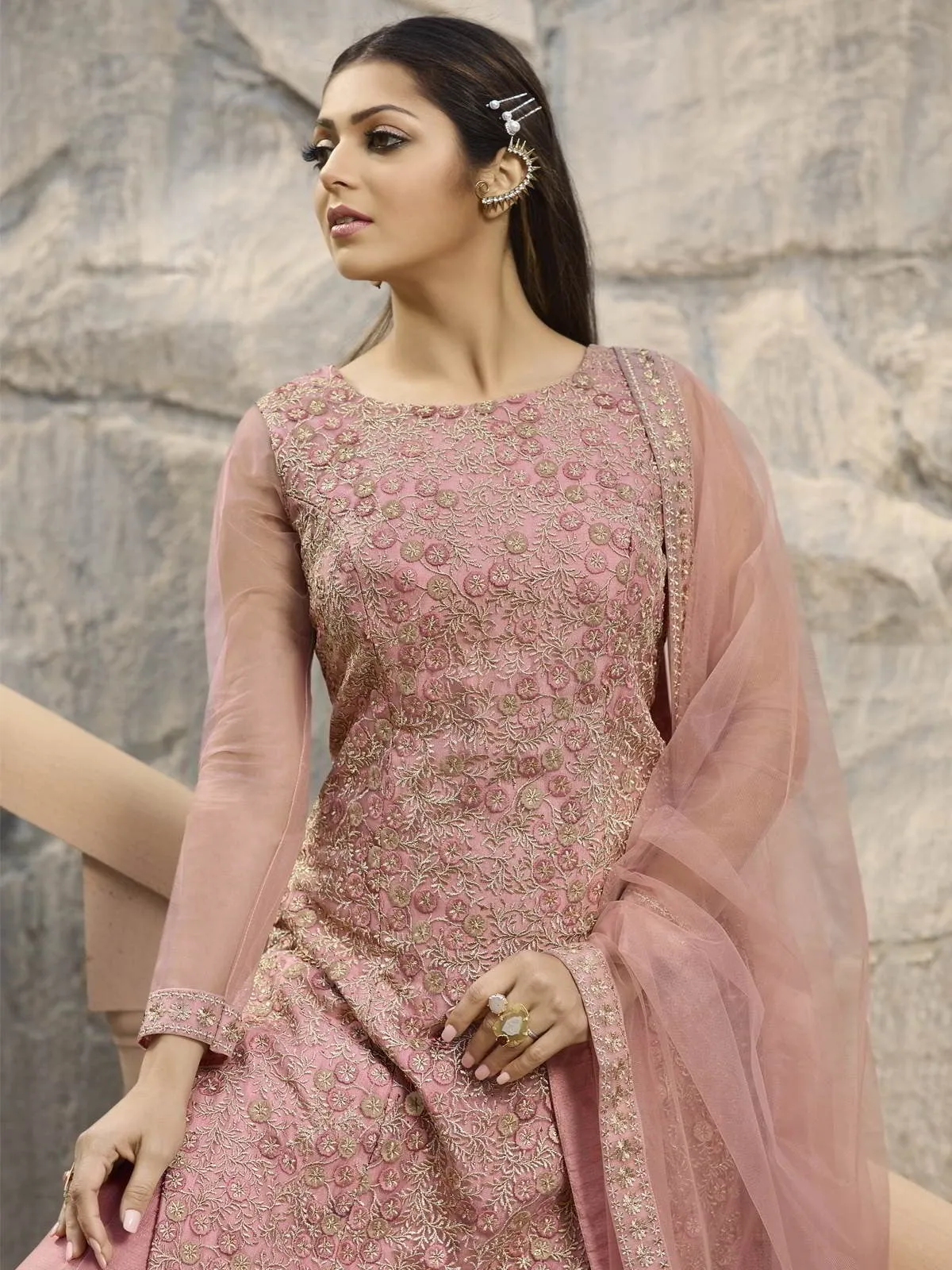 Pink Golden Embroidered Pakistani Gharara Suit
