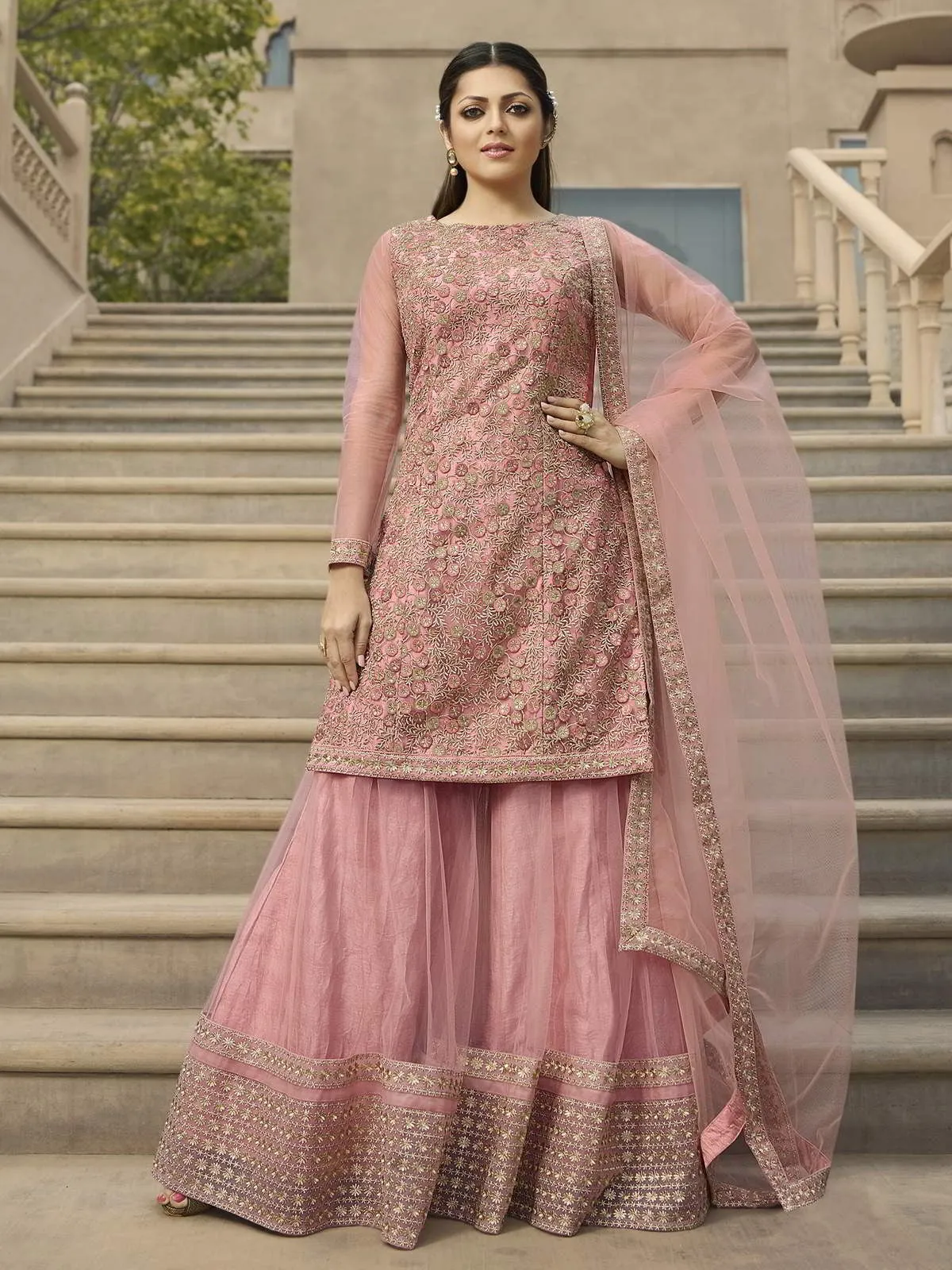 Pink Golden Embroidered Pakistani Gharara Suit