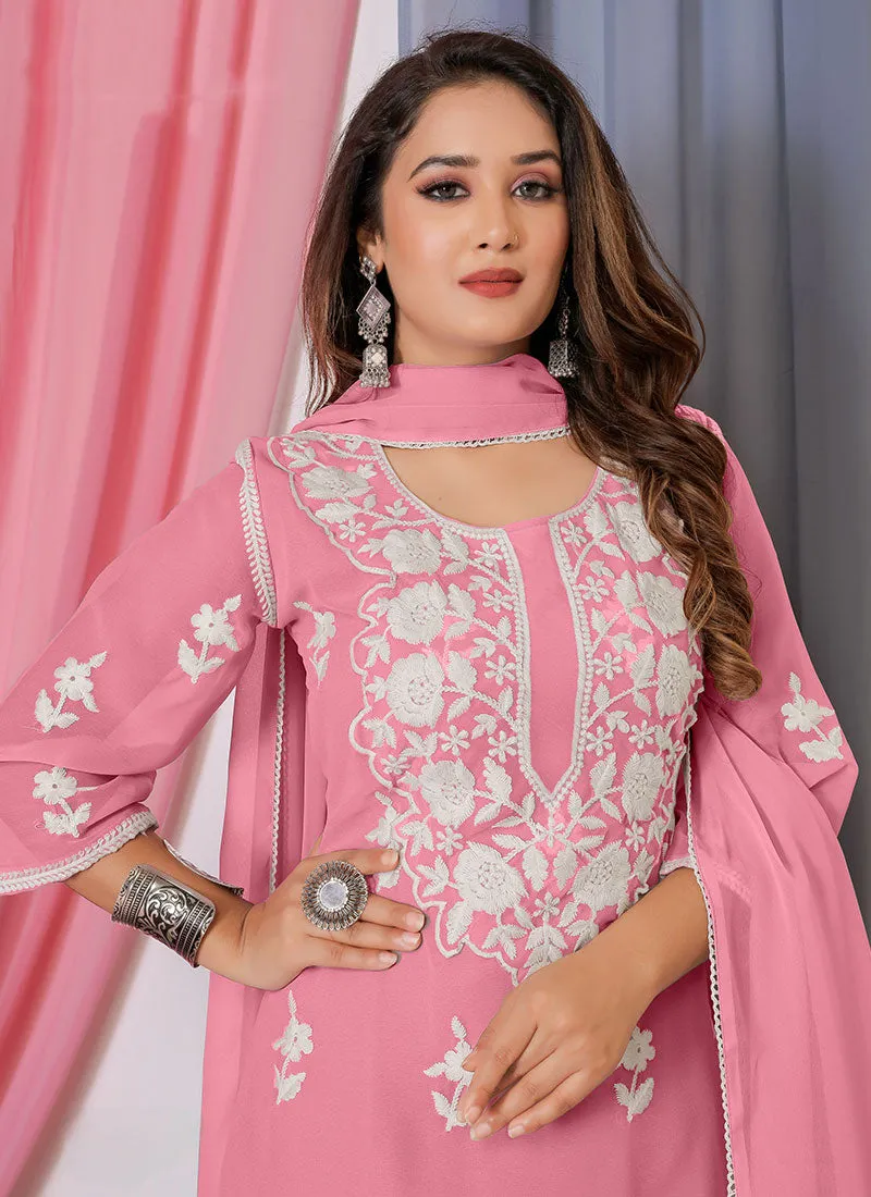 Pink Lucknowi Thread Embroidery Palazzo Suit