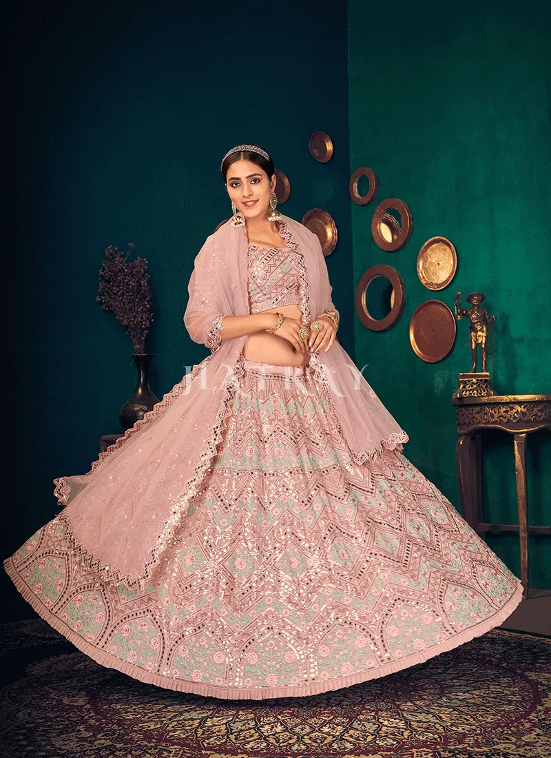 Pink Mirrorwork Embroidered Wedding Lehenga Choli