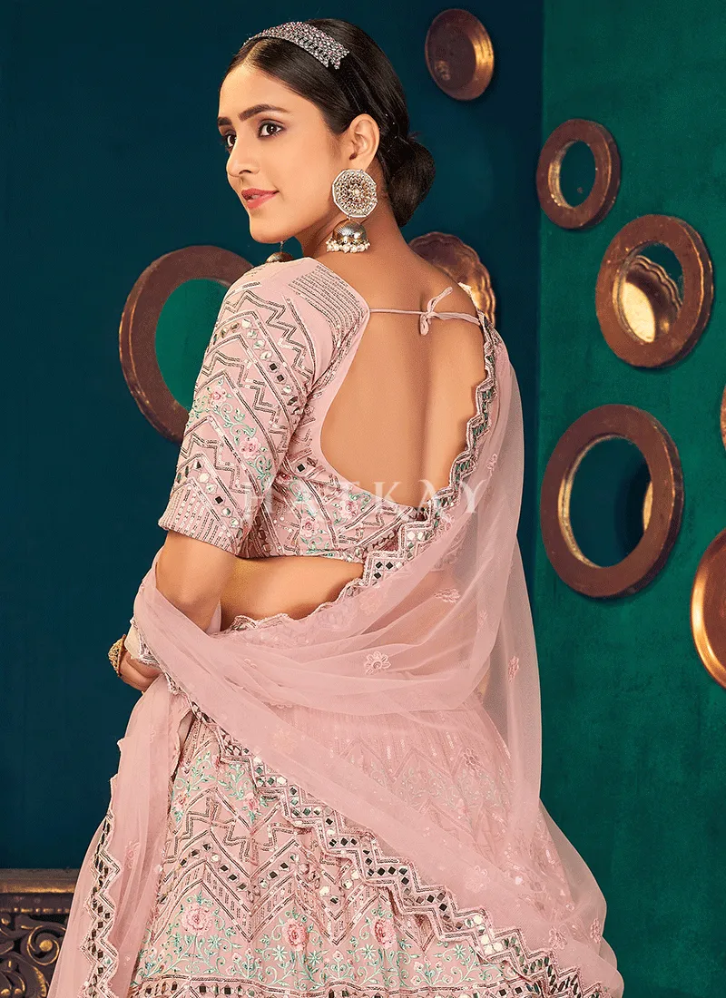 Pink Mirrorwork Embroidered Wedding Lehenga Choli