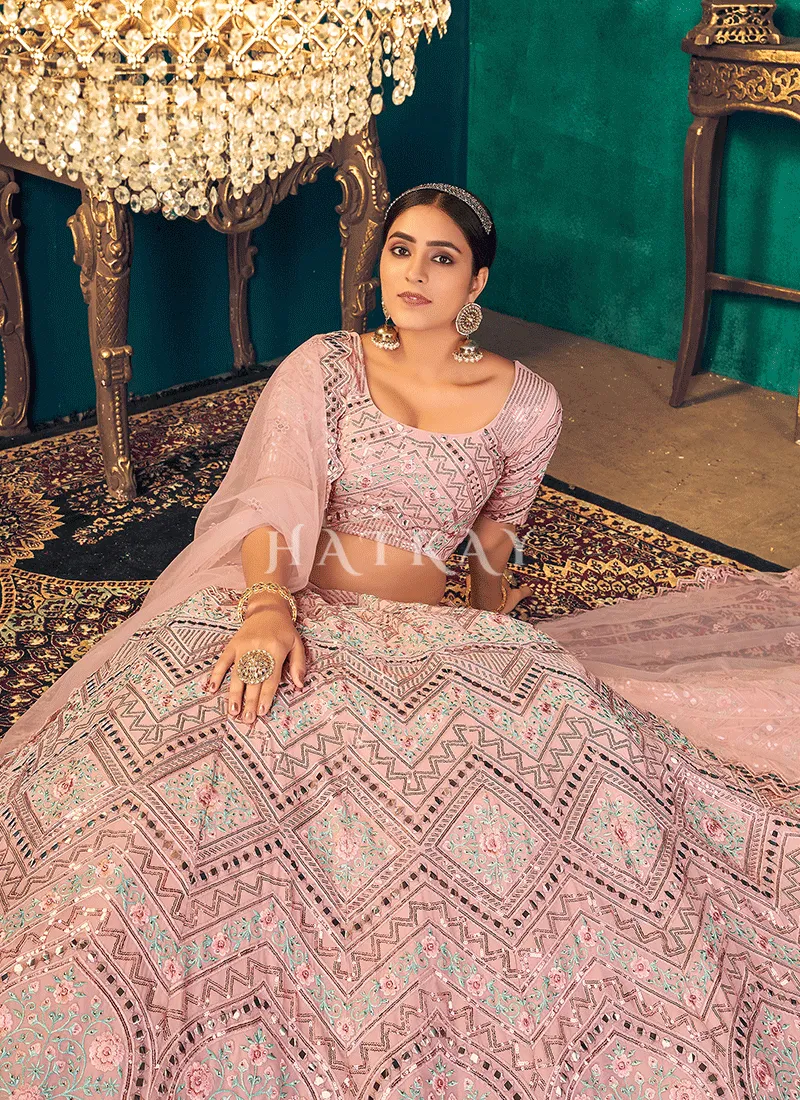 Pink Mirrorwork Embroidered Wedding Lehenga Choli
