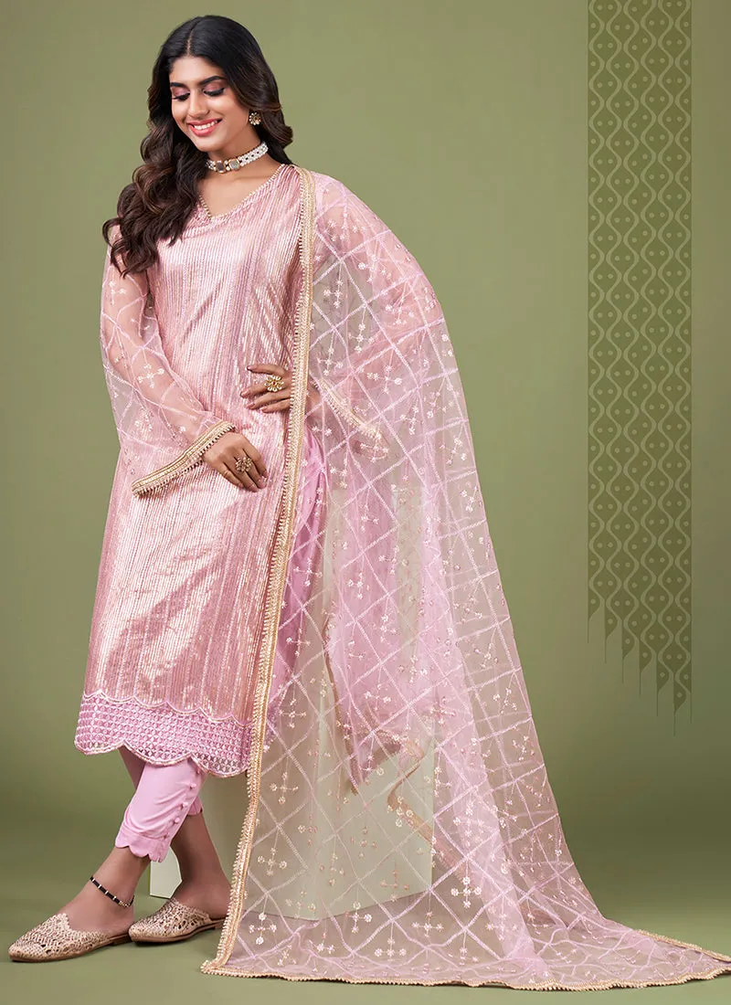Pink Sequence Embroidery Net Pant Style Suit