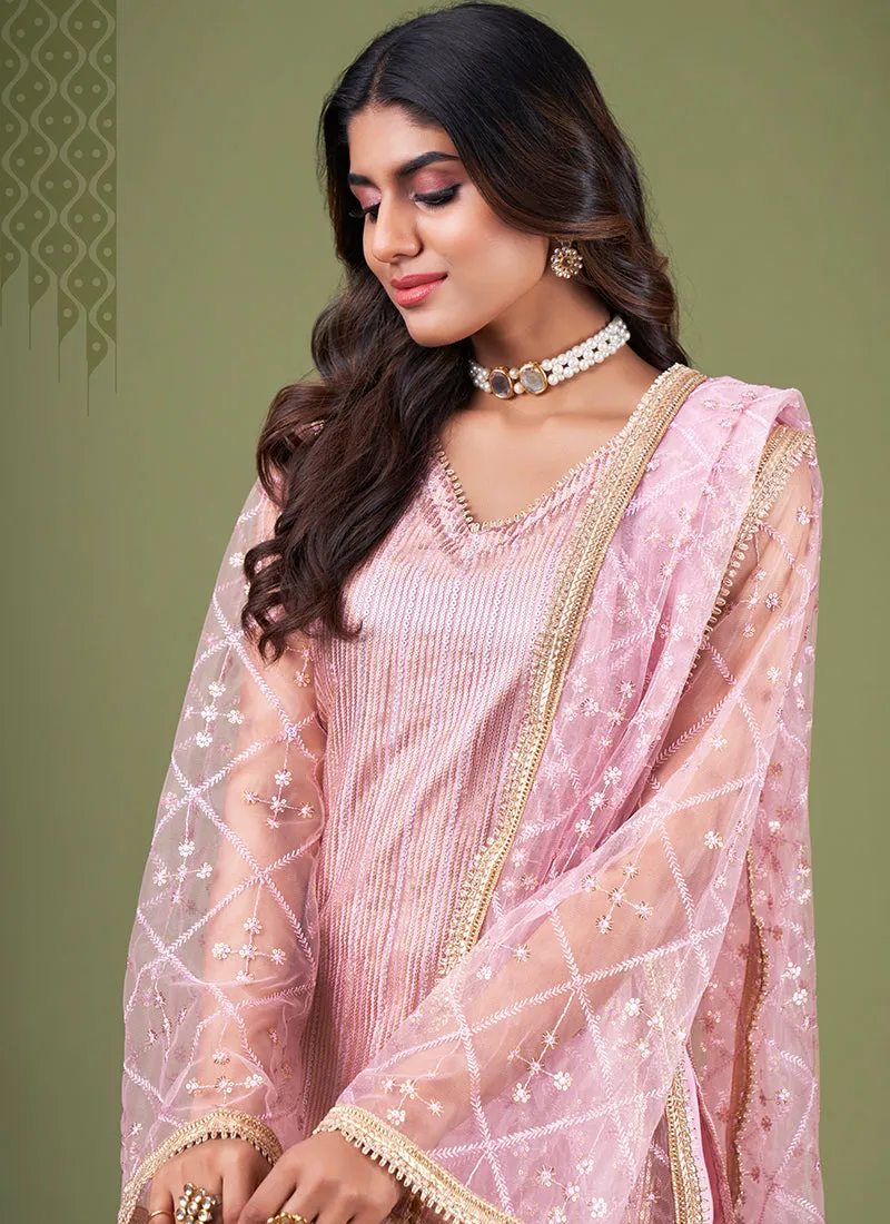 Pink Sequence Embroidery Net Pant Style Suit