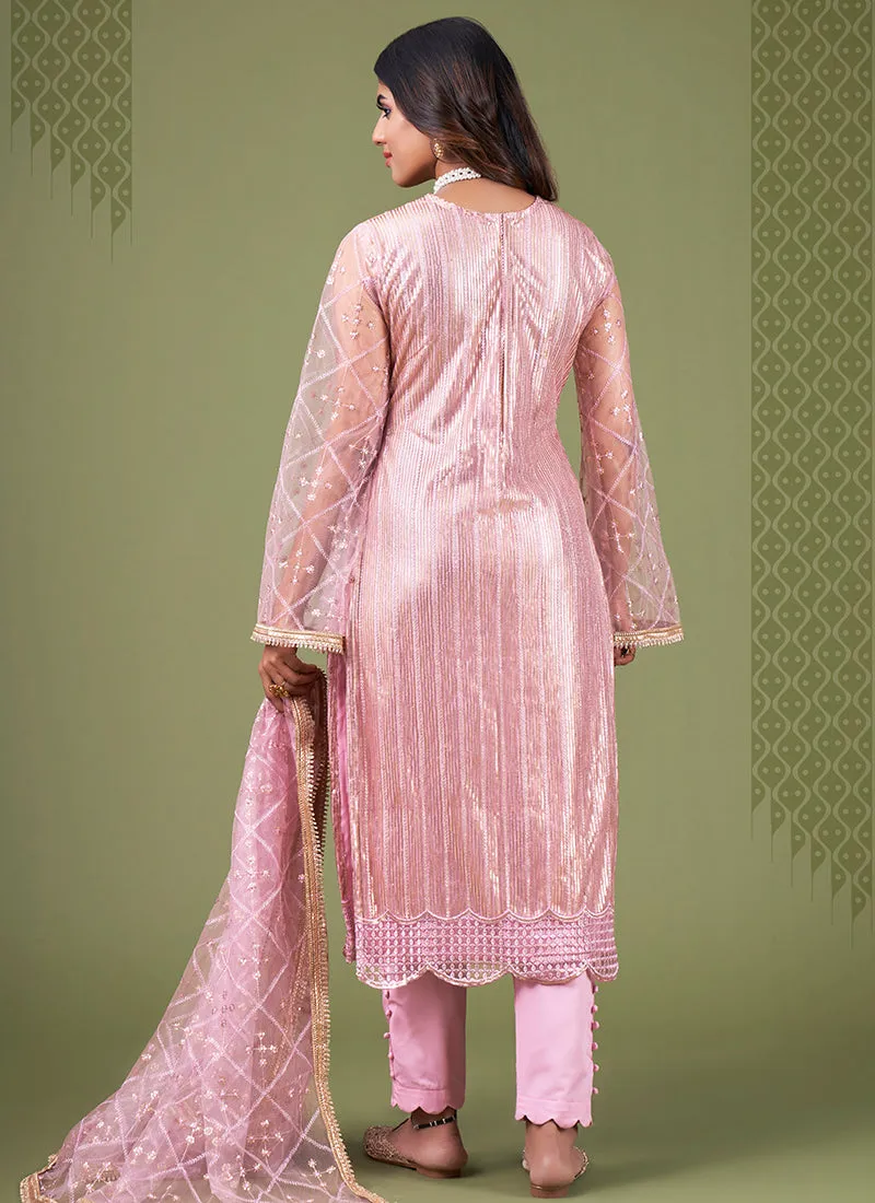 Pink Sequence Embroidery Net Pant Style Suit
