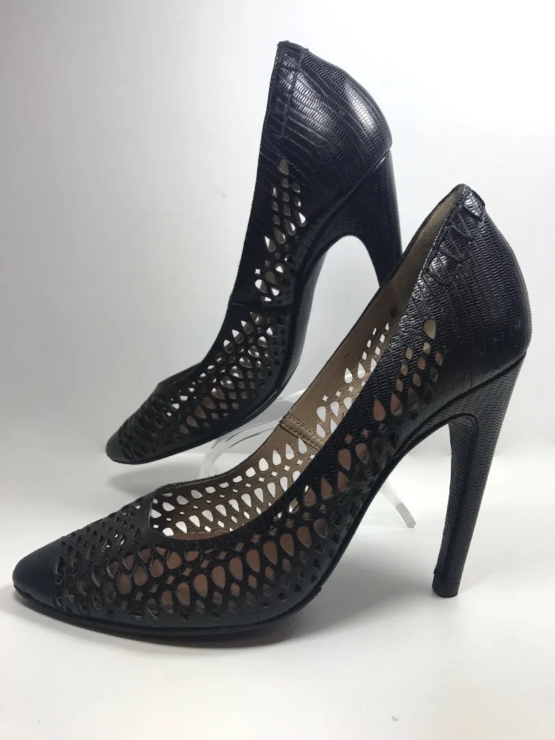 PROENZA SCHOULER  Black Leather Laser Cut Embossed Classic Heels Size 9