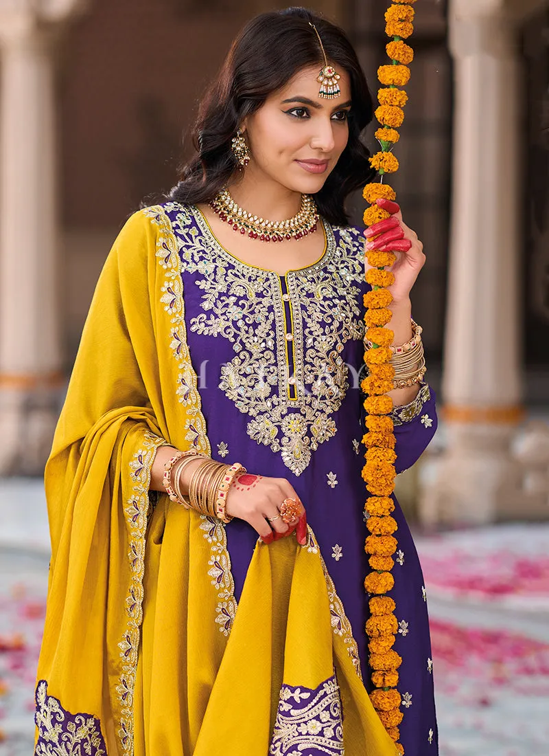 Purple And Yellow Embroidery Palazzo Suit